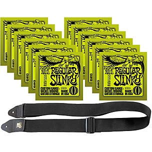 Ernie Ball 12 Sets 2221 Nickel Slinky Strings and Free 2" Guitar Strap
