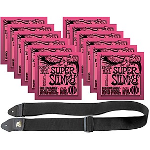 Ernie Ball 12 Sets 2223 Nickel Super Slinky Strings and Free 2" Guitar Strap