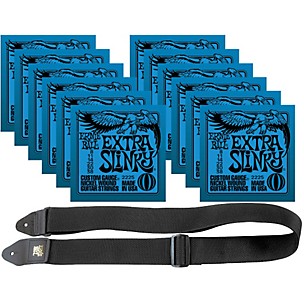 Ernie Ball 12 Sets 2225 Nickel Extra Slinky Strings and Free 2" Guitar Strap