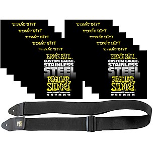 Ernie Ball 12 Sets 2246 Stainless Steel Slinky Strings and Free 2" Guitar Strap