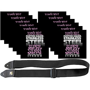 Ernie Ball 12 Sets 2248 Stainless Steel Super Slinky Strings and Free 2" Guitar Strap