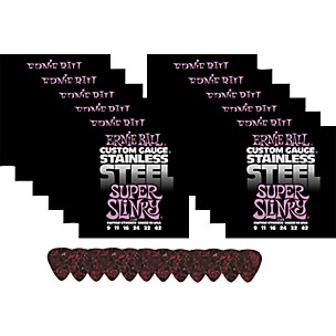 Ernie Ball 12 Sets 2248 Steel Super Slinky Strings with Picks