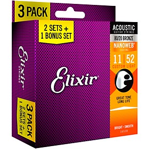 Elixir 80/20 Bronze Acoustic Guitar Strings With NANOWEB Coating, Custom Light (11-52) 3-Pack