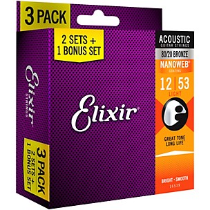 Elixir 80/20 Bronze Acoustic Guitar Strings With NANOWEB Coating, Light (12-53) 3-Pack