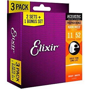 Elixir Bonus Pack Elixir Strings Phosphor Bronze Bronze Acoustic Guitar Strings with NANOWEB Coating, Custom Light (.011-.052)