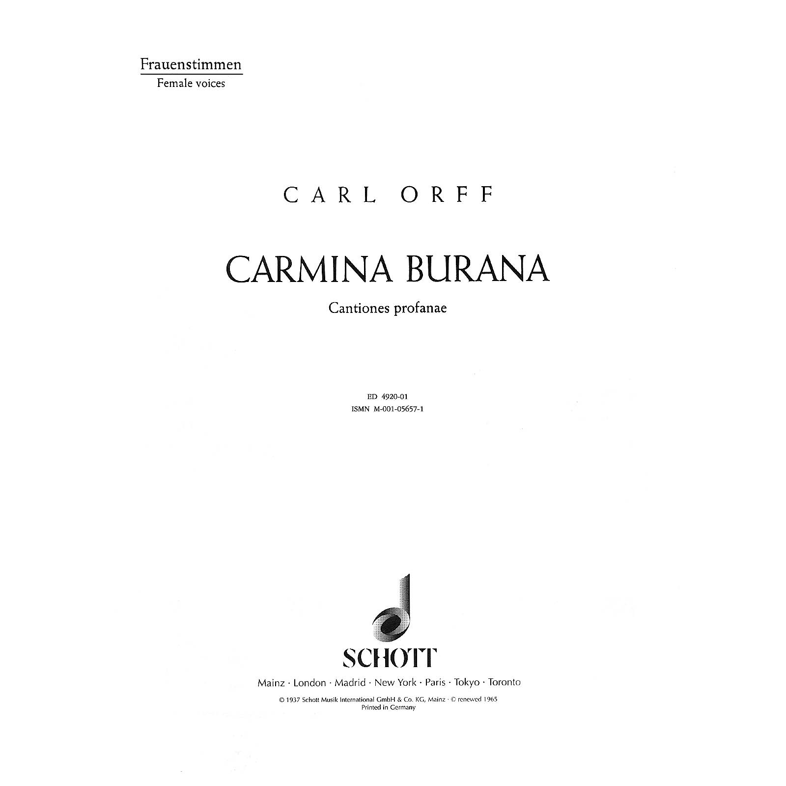 Schott Carmina Burana (Women's Chorus Parts) CHORAL SCORE Composed