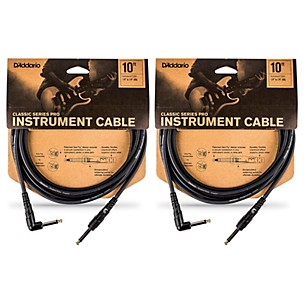 D'Addario Classic Pro Series Instrument Cable, Right Angle Plug -10 ft. - 2-Pack