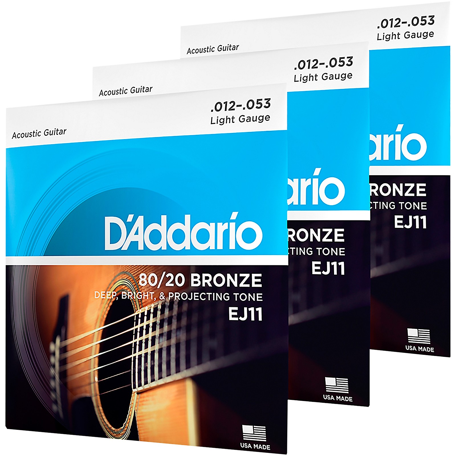 D'Addario EJ11 Acoustic Strings - 80/20 Bronze Light Gauge 3-Pack For Bright Tone