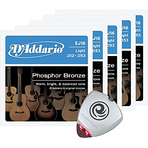 D'Addario EJ16 Light Acoustic Guitar Strings 5-Pack with Free Strobe Tuner