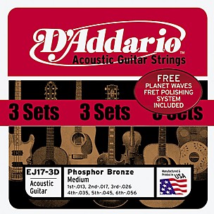 D'Addario EJ17 Phosphor Bronze Light Acoustic Guitar Strings 3 Pack w/Fret Polish Paper