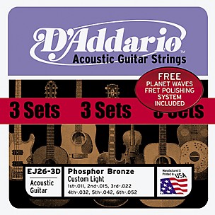 D'Addario EJ26 Phosphor Bronze Light Acoustic Guitar Strings 3 Pack w/ Fret Polish Paper