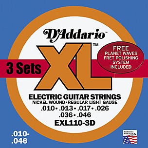 D'Addario EXL110 Nickel Light Electric Guitar Strings 3 Pack w/Fret Polish Paper