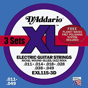D'Addario EXL115 Nickel Blues Electric Guitar Strings 3 Pack w/Fret Polish Paper