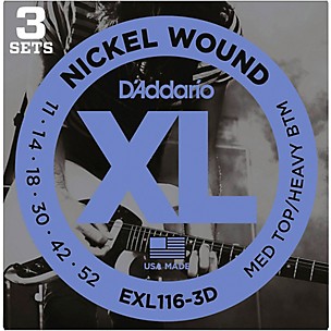 D'Addario EXL116-3D Nickel Wound Medium Top/Heavy Bottom Electric Guitar Strings 3-Pack