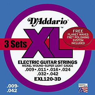 D'Addario EXL120 Nickel Super Light Electric Guitar Strings 3 Pack w/Fret Polish Paper