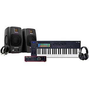 Novation FLkey Keyboard Controller With Focusrite 2i2 USB Audio Interface & Adam Audio D3V 3" Studio Monitor Pair Package (Cables & Headphones Included) -