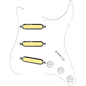 920d Custom Gold Foil Loaded Pickguard For Strat With White Pickups and Knobs and S5W-BL-V Wiring Harness