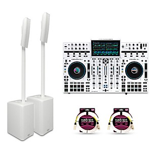 QSC KC12 Active 3-Way Column Speaker Pair With Denon Prime 4+ Standalone DJ Controller & Cables, White