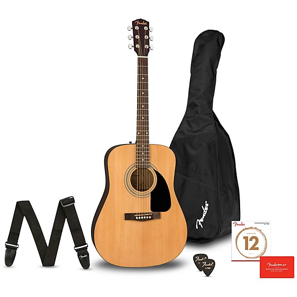 Strings Fender FA-115 Beginner Dreadnought Pack Picks and Fender Play Strap Natural with Gig Bag 