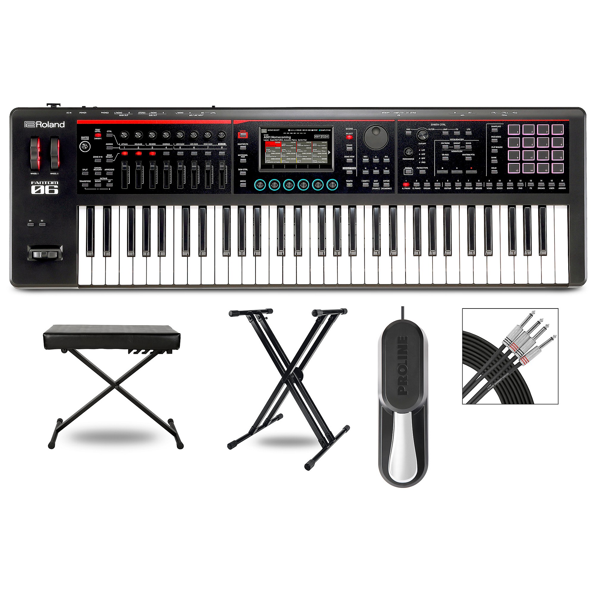 Roland FANTOM-06 Synthesizer With X-Stand, Sustain Pedal, Bench and  Livewire Audio Cables | Music & Arts