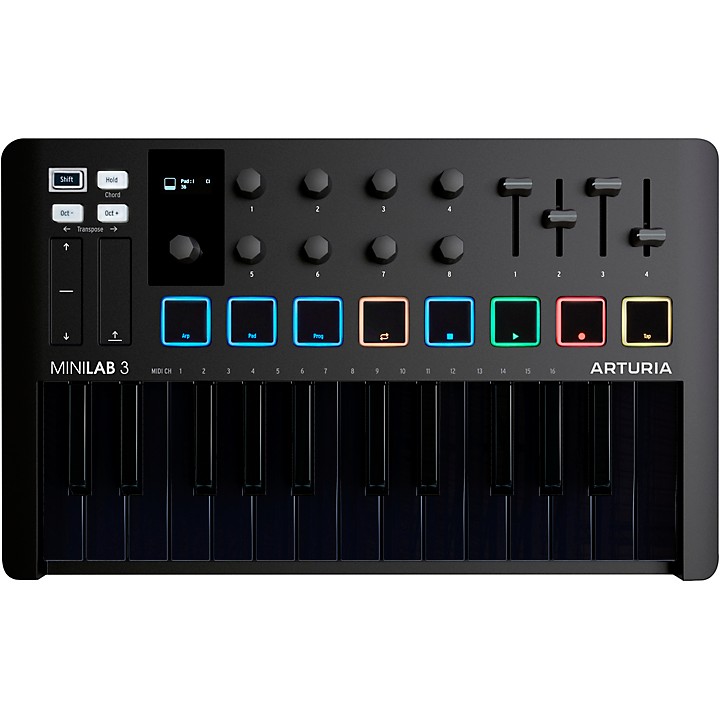 Arturia MiniLab 3 Mini Hybrid Keyboard Controller with Pad Controller /  Creative Software, Mini Display / Clickable Browsing Knob / Built-In Arp /  Hold and Chord Modes (White)