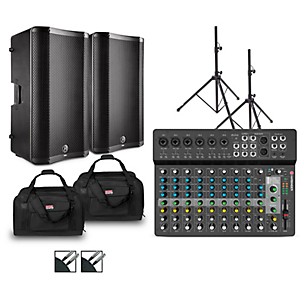 Harbinger LV14 Mixer With VARI V4100 Powered Speakers, Stands, Cables and Tote Bags