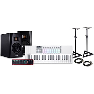 Novation Launchkey MK4 Keyboard Controller with Focusrite 2i2 USB Audio Interface and ADAM Audio T5V 5-inch Studio Monitor Pair Package (Cables/Stands Included)