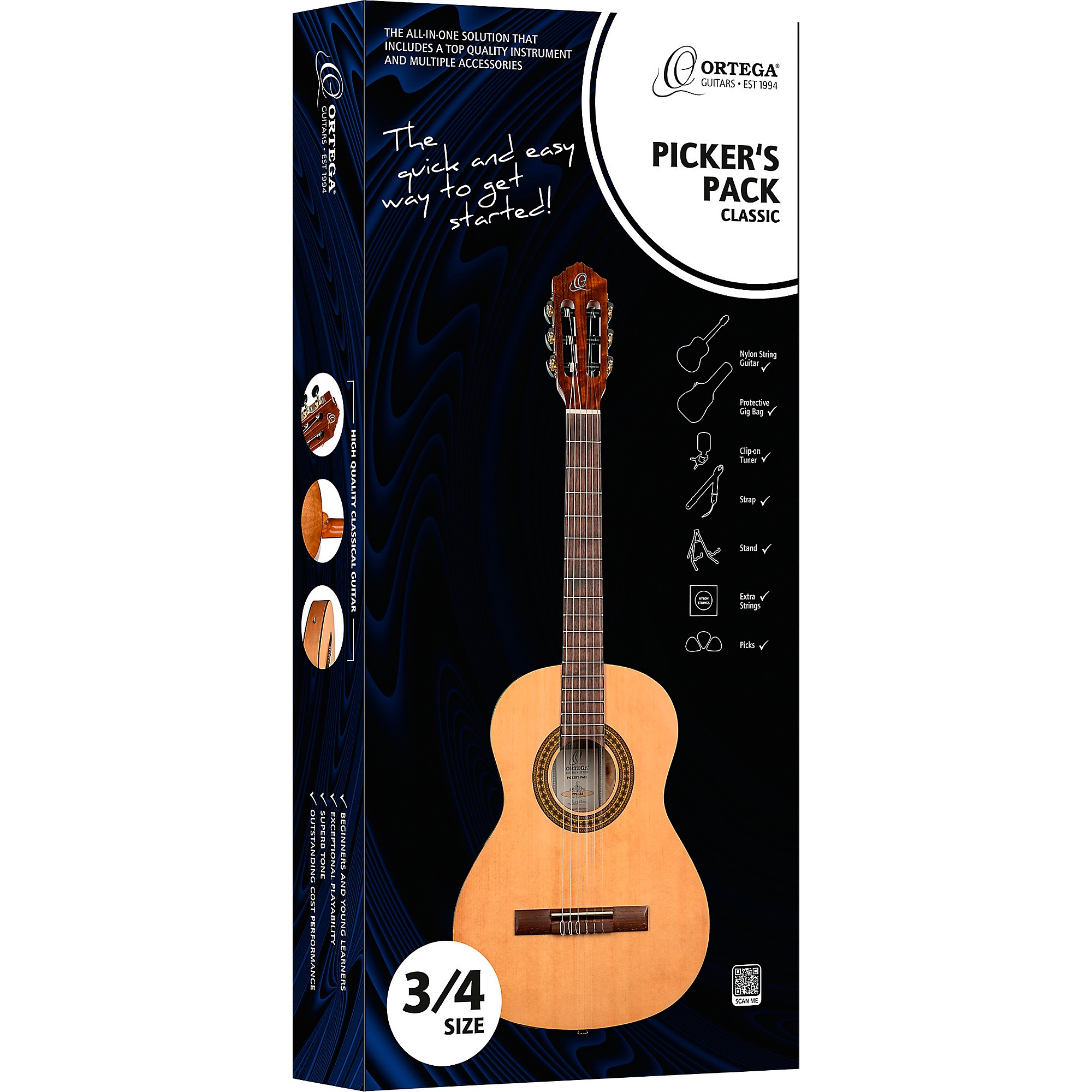 Ortega RPPC34 3/4 Size Nylon-String Classical Acoustic Guitar Pack