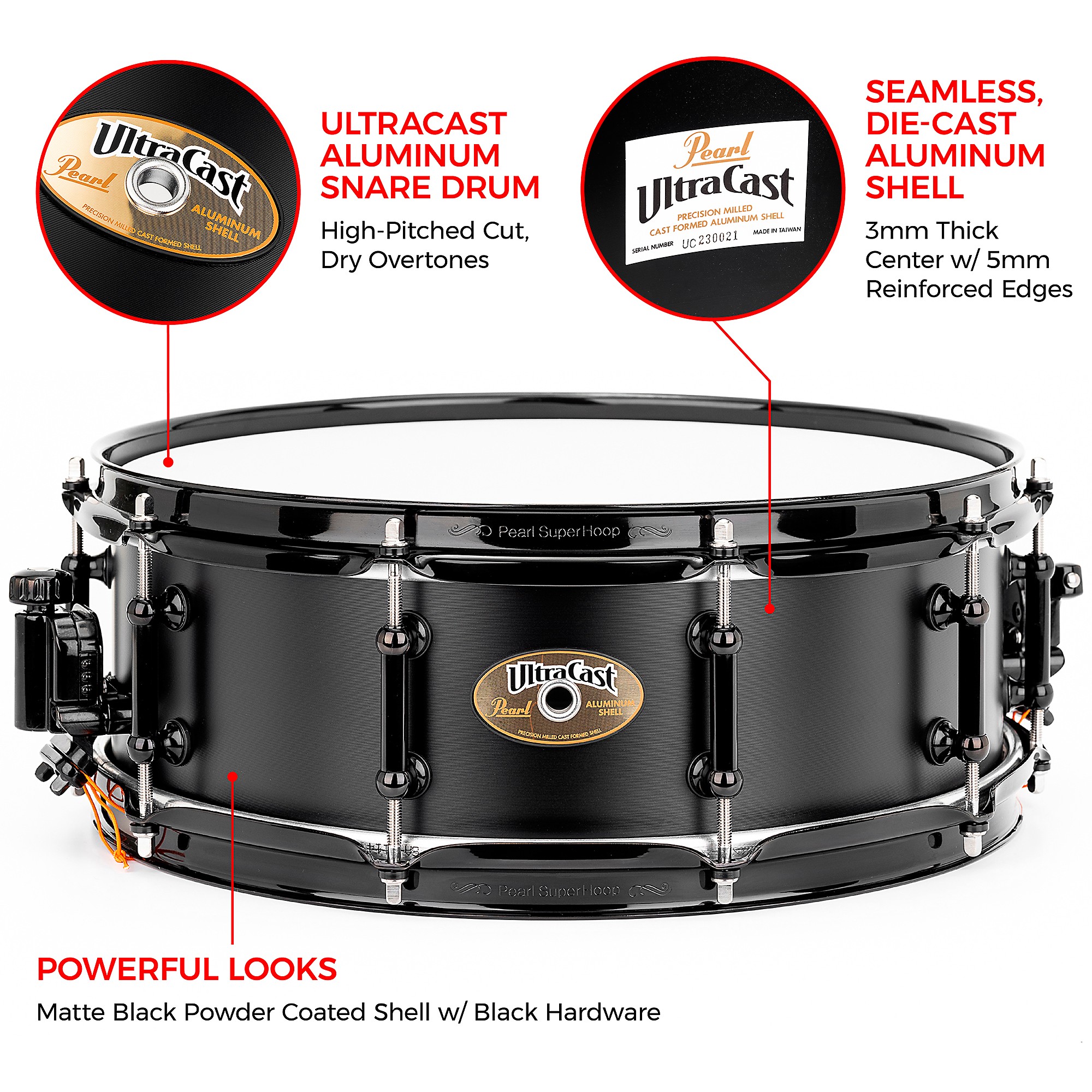Pearl Ultracast 5/3/5mm Cast Aluminum Snare Drum | Music & Arts