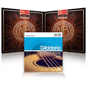 D'Addario NB1253 Nickel Bronze Light Acoustic Strings 2-Pack with EJ16 Phosphor Bronze Light Single-Pack