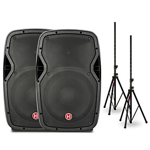 Harbinger VARI 3412 12 Powered Speakers Package With LX12 Mixer, Stands  and Cables