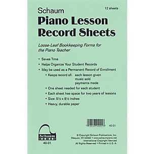 Schaum Piano Lesson Record Sheets Educational Piano Series Softcover