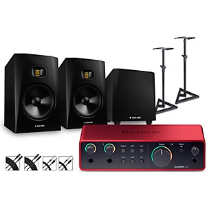 Focusrite Scarlett 2i2 4th Gen With Adam Audio T-Series Studio Monitor Pair & T10S Subwoofer Bundle (Stands & Cables Included)