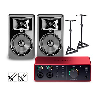 Focusrite Scarlett 4i4 4th Gen With JBL 3 Series Studio Monitor Pair Bundle (Stands & Cables Included)