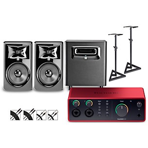 Focusrite Scarlett 4i4 4th Gen With JBL 3 Series Studio Monitor Pair & LSR Subwoofer Bundle (Stands & Cables Included)