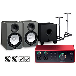 Focusrite Scarlett 4i4 4th Gen With Yamaha HS Studio Monitor Pair & HS8S Subwoofer Bundle (Stands & Cables Included)