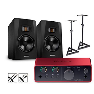 Focusrite Scarlett Solo 4th Gen With Adam Audio T-Series Studio Monitor Pair Bundle (Stands & Cables Included)