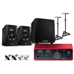 Focusrite Scarlett Solo 4th Gen With Adam Audio T-Series Studio Monitor Pair & T10S Subwoofer Bundle (Stands & Cables Included)