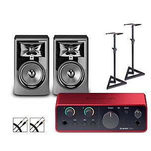 Focusrite Scarlett Solo 4th Gen With JBL 3 Series Studio Monitor Pair Bundle (Stands & Cables Included)