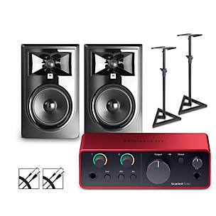 Focusrite Scarlett Solo 4th Gen With JBL 3 Series Studio Monitor Pair Bundle (Stands & Cables Included)