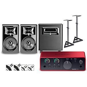 Focusrite Scarlett Solo 4th Gen With JBL 3 Series Studio Monitor Pair & LSR Subwoofer Bundle (Stands & Cables Included)