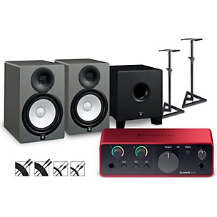 Focusrite Scarlett Solo Gen 4 with Yamaha HS Studio Monitor Pair & HS8S Subwoofer Bundle (Stands & Cables Included)