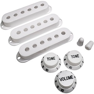 AxLabs Set Of Single Coil Pickup Covers In Modern Spacing (52/50/48), Two Switch Tips, And Three Knobs (Black Lettering)