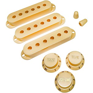 AxLabs Set Of Single Coil Pickup Covers In Modern Spacing (52/50/48), Two Switch Tips, And Three Knobs (Gold Lettering)