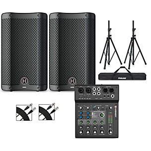 Harbinger VARI 2408 8" Powered Speakers Package With LX8 Mixer, Stands and Cables