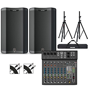 Harbinger VARI 3415 15" Powered Speakers Package With LX12 Mixer, Stands & Cables