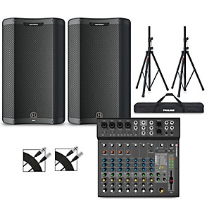 VARI 3415 15" Powered Speakers Package With LX12 Mixer, Stands and Cables