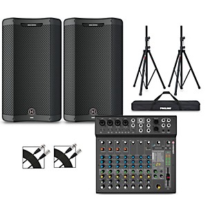 Harbinger VARI V3412 12" Powered Speakers Package With LX12 Mixer, Stands & Cables
